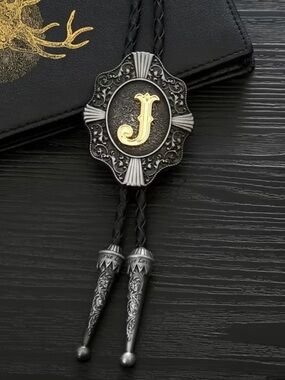Personalized Gold 'J' Bolo Tie - Black Braided Cord